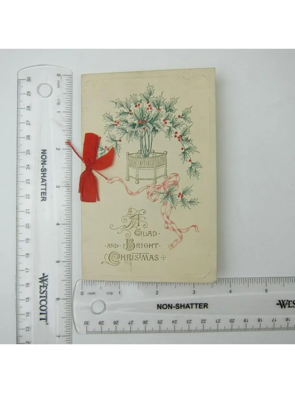 Antique Christmas Card Holly Berries Red Ribbon Templemore Poem Germany 1920s